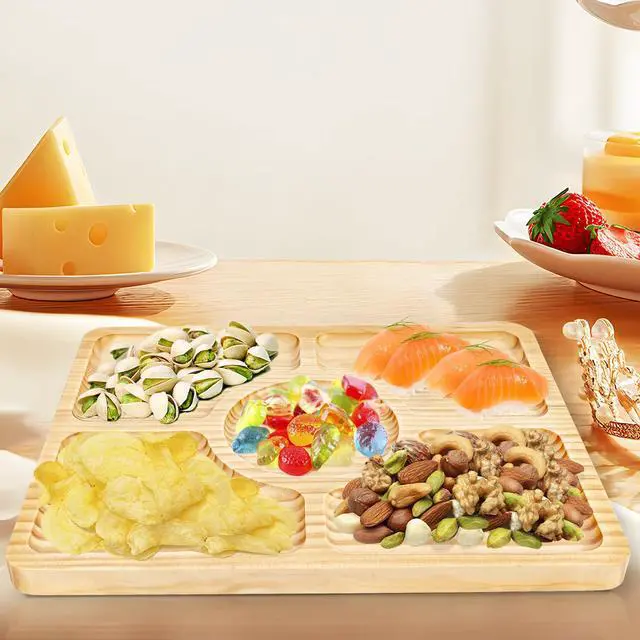 Alt view image 4 of 5 - Divided Wood Serving Tray, Rectangular Tray Chip and Dip Platter, Serving Tray with 5 Sections for Appetizers & Snacks, Veggie Platter, Food Trays for Party 12'' x 8.7'' x 0.6''