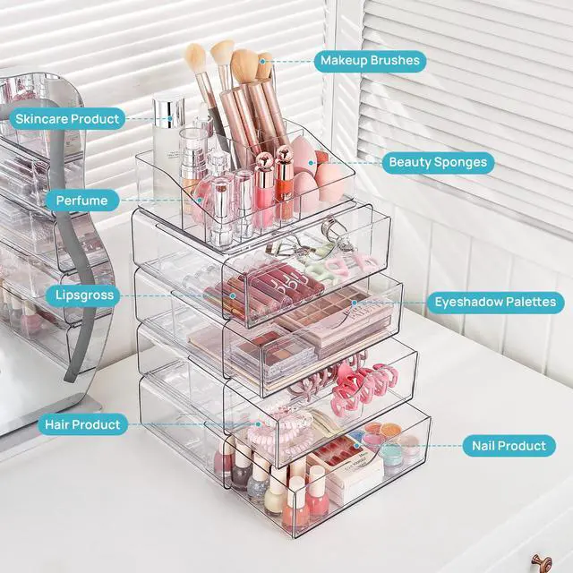 Alt view image 7 of 7 - 3 Tier Clear Makeup Organizer with Drawer, Cosmetic Storage for Dresser Countertop and Bathroom Vanity, Beauty Holder for Lipstick Brush Skincare