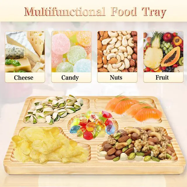 Alt view image 5 of 5 - Divided Wood Serving Tray, Rectangular Tray Chip and Dip Platter, Serving Tray with 5 Sections for Appetizers & Snacks, Veggie Platter, Food Trays for Party 12'' x 8.7'' x 0.6''