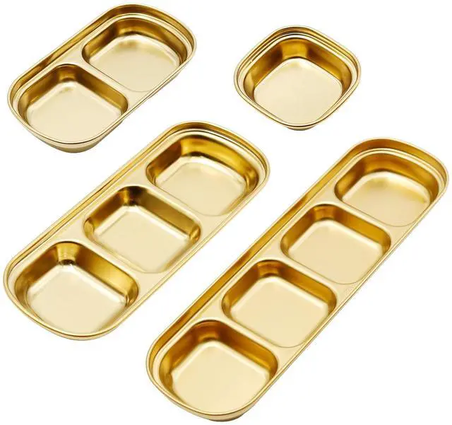 Main image of 4 Pcs Stainless Steel Sauce Dish, Divided Dipping Plates, Divided Seasoning Sauce Dip Bowl, 1/2/3/4 Compartment Sauce Vinegar Seasoning Dishes, Vinegar Soy Spice Condiment Tray for Home