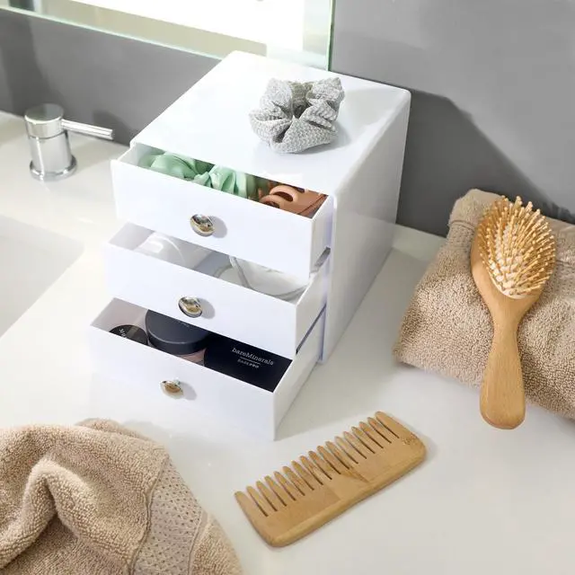 Alt view image 6 of 6 - 3-Drawer Plastic Vanity Organizer, Compact Storage Organization Drawers Set for Cosmetics, Dental Supplies, Hair Care, Bathroom, Dorm, Desk, Countertop, Office, 6.5" x 6.5" x 6.5", White