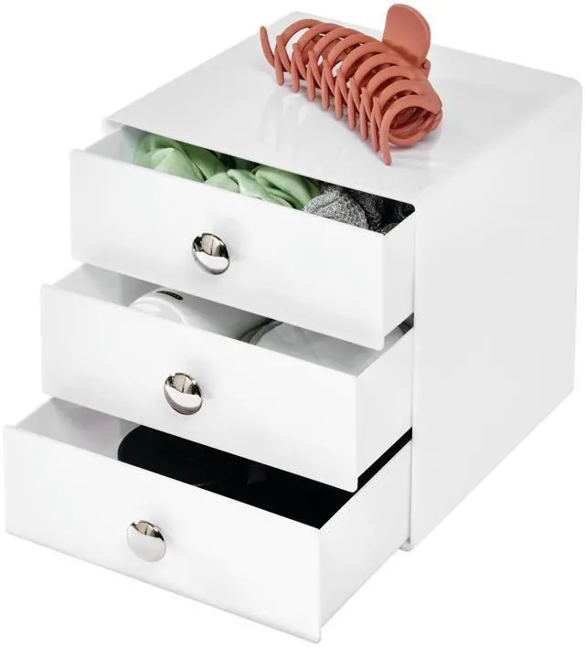 Main image of 3-Drawer Plastic Vanity Organizer, Compact Storage Organization Drawers Set for Cosmetics, Dental Supplies, Hair Care, Bathroom, Dorm, Desk, Countertop, Office, 6.5" x 6.5" x 6.5", White