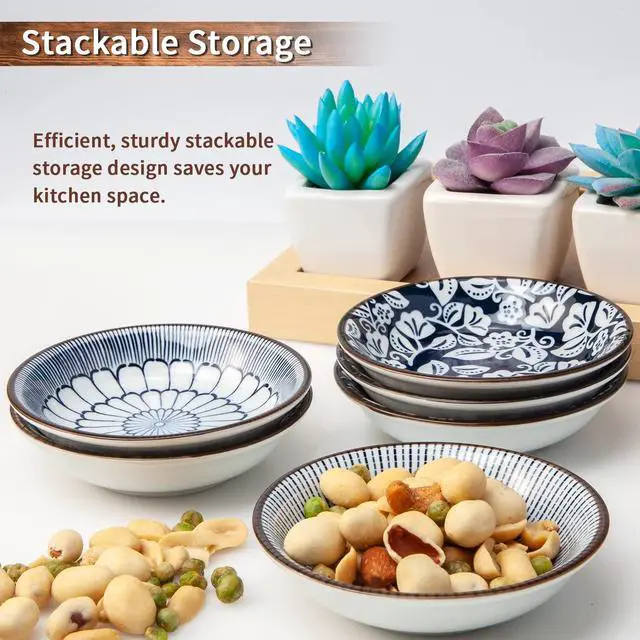 Alt view image 5 of 7 - Dipping Bowls, Soy Sauce Dish Ceramic, 3 OZ Small Serving Bowls for Side Dishes Vintage Blue Stylish Design, Set of 6 Mini Appetizer Plates for Condiment Sushi Ketchup BBQ Party, 4 Inch