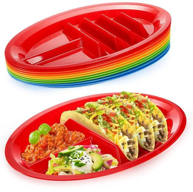Main image of 10 Pack Plastic Taco Plates for Party, Large Taco Holder with 2 Dipping Areas, Stand Up Divider for 3 Tacos, BPA Free, Dishwasher Safe, Colorful