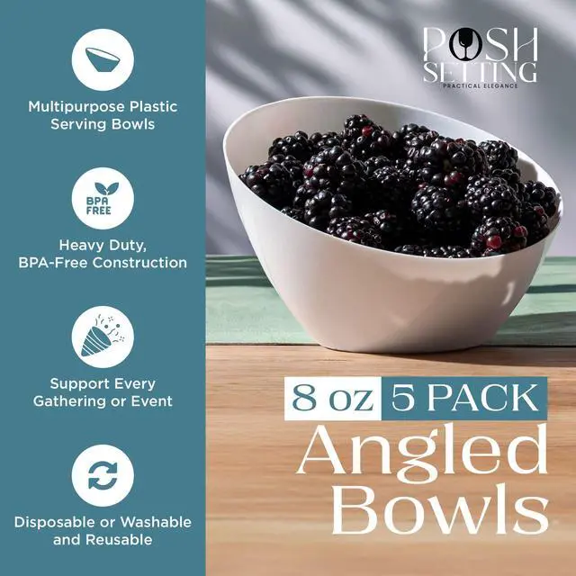 Alt view image 2 of 7 - - White Plastic Serving Bowls for Party Angled Bowls Disposable Chip Bowls Candy Bowls for Party Table Salad and Fruit Bowls for Wedding Serving Bowls - White, 8 OZ, 5 Pack