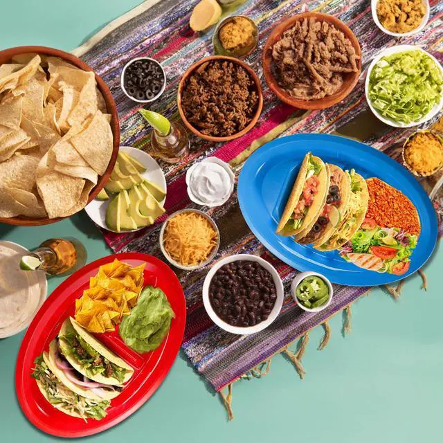 Alt view image 5 of 7 - 10 Pack Plastic Taco Plates for Party, Large Taco Holder with 2 Dipping Areas, Stand Up Divider for 3 Tacos, BPA Free, Dishwasher Safe, Colorful