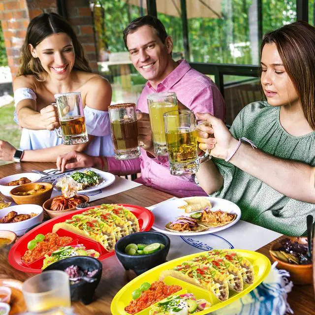 Alt view image 7 of 7 - 10 Pack Plastic Taco Plates for Party, Large Taco Holder with 2 Dipping Areas, Stand Up Divider for 3 Tacos, BPA Free, Dishwasher Safe, Colorful