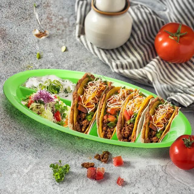 Alt view image 6 of 7 - 10 Pack Plastic Taco Plates for Party, Large Taco Holder with 2 Dipping Areas, Stand Up Divider for 3 Tacos, BPA Free, Dishwasher Safe, Colorful