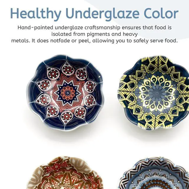 Alt view image 3 of 6 - Bohemian Ceramic Dipping Bowls Set of 4, 3 Oz Mini Bowls for Sushi Soy Sauce, Condiments, Dipping Sauces & Side Dishes, Vintage Style Appetizer Plates