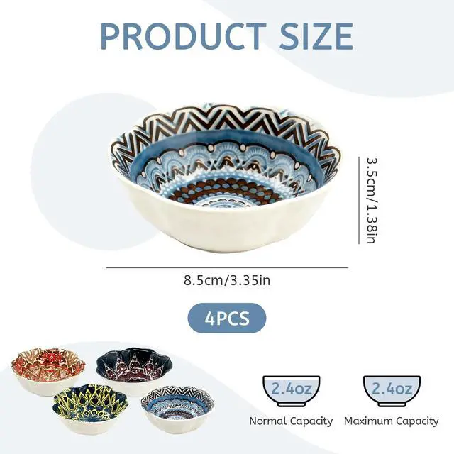 Alt view image 2 of 6 - Bohemian Ceramic Dipping Bowls Set of 4, 3 Oz Mini Bowls for Sushi Soy Sauce, Condiments, Dipping Sauces & Side Dishes, Vintage Style Appetizer Plates