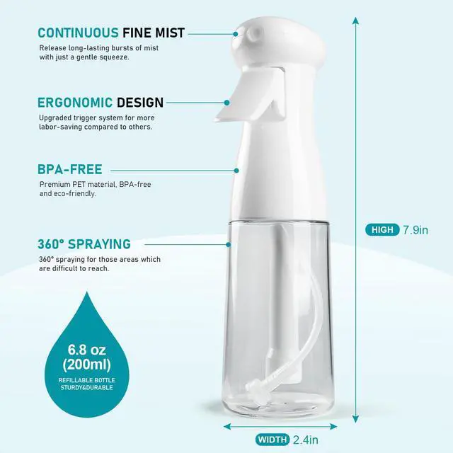 Alt view image 7 of 7 - Spray Bottle For Hair, Continuous Mister Empty Spray Bottles, Ultra Fine Mist Water Sprayer for Hairstyling, Cleaning, Plants, Pets, Barbers, Salons, Essential Oil Scents - 2 Pack 6.8 OZ