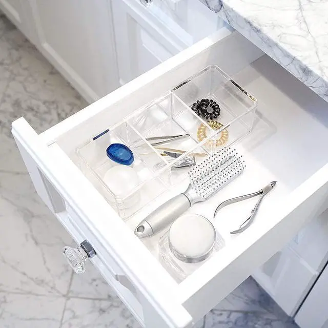 Alt view image 6 of 6 - Clear Acrylic 3 Section Organizer- Three Compartment Drawer Tray and Storage Solution for Office, Bathroom, Kitchen, Supplies, and More (Clear)