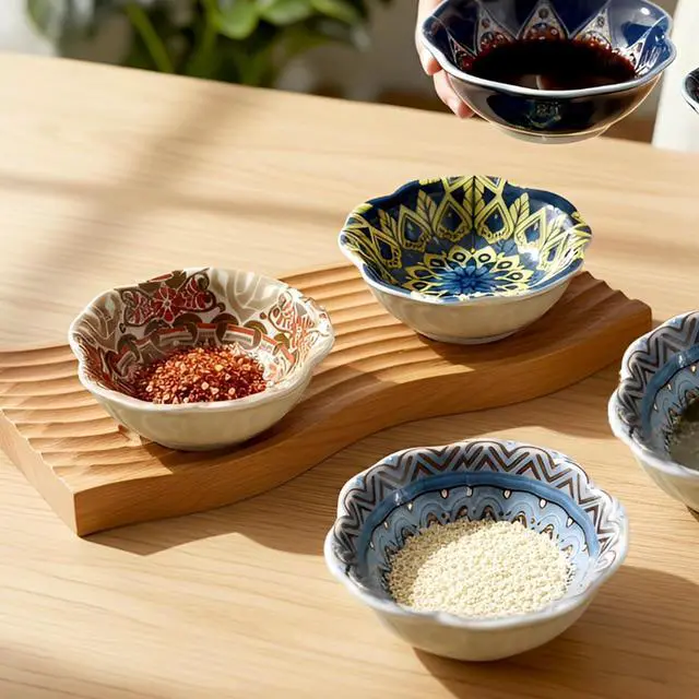 Alt view image 6 of 6 - Bohemian Ceramic Dipping Bowls Set of 4, 3 Oz Mini Bowls for Sushi Soy Sauce, Condiments, Dipping Sauces & Side Dishes, Vintage Style Appetizer Plates
