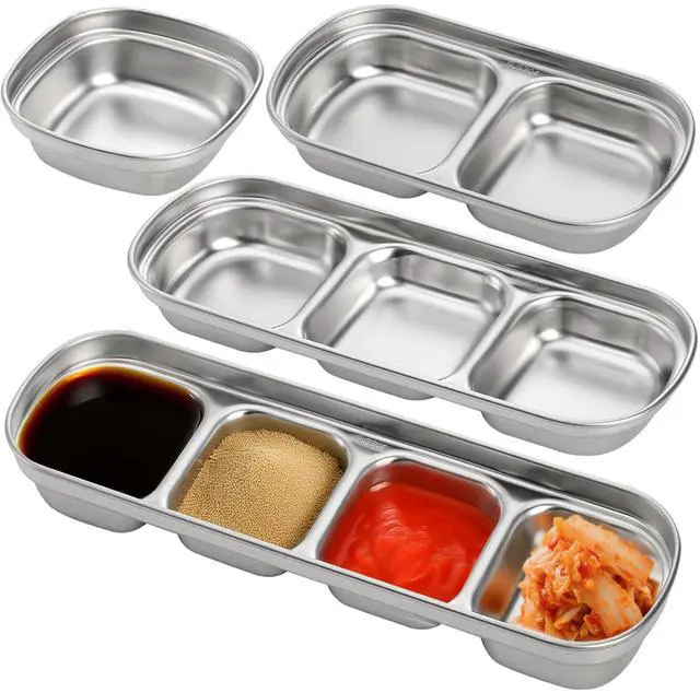 Main image of 4 Pcs Stainless Steel Sauce Dish, Divided Seasoning Sauces Dip Bowl, 1/2/3/4 Compartment Korean Ketchup Sauce Bowl, Vinegar Soy Spice Condiment Tray for Home Restaurant