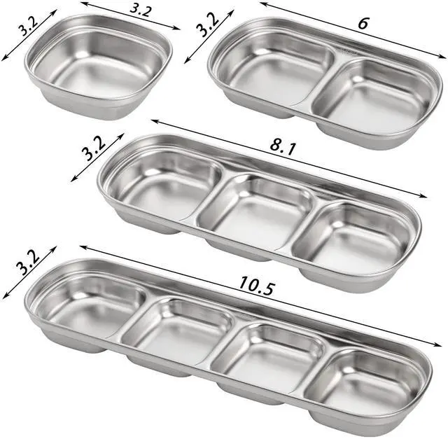 Alt view image 2 of 7 - 4 Pcs Stainless Steel Sauce Dish, Divided Seasoning Sauces Dip Bowl, 1/2/3/4 Compartment Korean Ketchup Sauce Bowl, Vinegar Soy Spice Condiment Tray for Home Restaurant
