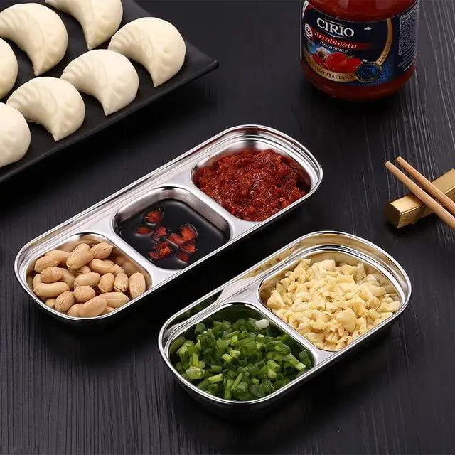Alt view image 5 of 7 - 4 Pcs Stainless Steel Sauce Dish, Divided Seasoning Sauces Dip Bowl, 1/2/3/4 Compartment Korean Ketchup Sauce Bowl, Vinegar Soy Spice Condiment Tray for Home Restaurant