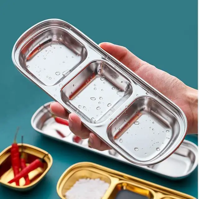 Alt view image 6 of 7 - 4 Pcs Stainless Steel Sauce Dish, Divided Seasoning Sauces Dip Bowl, 1/2/3/4 Compartment Korean Ketchup Sauce Bowl, Vinegar Soy Spice Condiment Tray for Home Restaurant