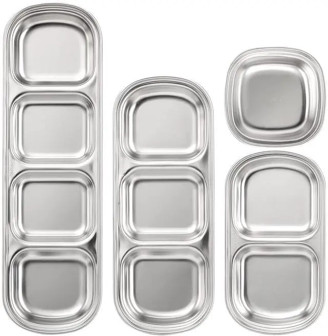 Alt view image 3 of 7 - 4 Pcs Stainless Steel Sauce Dish, Divided Seasoning Sauces Dip Bowl, 1/2/3/4 Compartment Korean Ketchup Sauce Bowl, Vinegar Soy Spice Condiment Tray for Home Restaurant