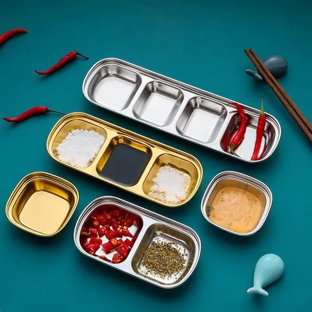 Alt view image 7 of 7 - 4 Pcs Stainless Steel Sauce Dish, Divided Seasoning Sauces Dip Bowl, 1/2/3/4 Compartment Korean Ketchup Sauce Bowl, Vinegar Soy Spice Condiment Tray for Home Restaurant