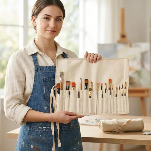 Alt view image 2 of 7 - 30 Pocket Canvas Paint Brush Holder - Natural | 21" x 18" | Roll Up Brush Storage Pouch | Ideal Case for Paintbrush & Art Tool Storage | Easy to Carry | Also Great for Storing Makeup Brushes