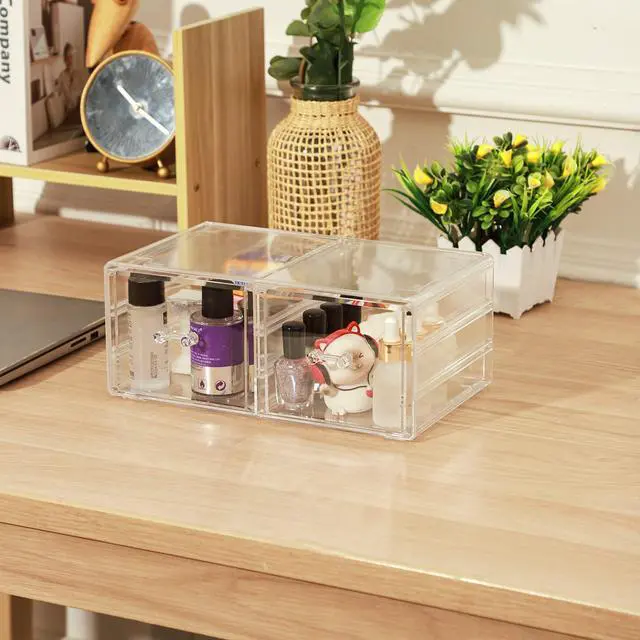 Alt view image 3 of 5 - Clear Stacking Make Up Organizers and Storage With 2 Drawers,4.7" Tall Acrylic Medicine Cabinet Organizer,Plastic Desktop Drawers Organizer for Vanity, Undersink, Kitchen Cabinets,Bathroom