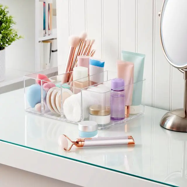 Alt view image 3 of 7 - 4-Compartment Clear Plastic Organizer, Rectangular Divided Makeup and Vanity Storage Bin, Use Upright for Eyeshadow Palettes, Made in USA
