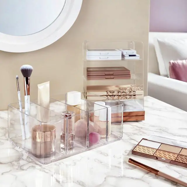 Alt view image 6 of 7 - 4-Compartment Clear Plastic Organizer, Rectangular Divided Makeup and Vanity Storage Bin, Use Upright for Eyeshadow Palettes, Made in USA