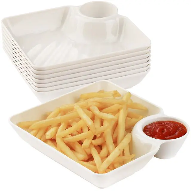 Main image of 8 pcs Chips and Salsa Serving Dish, White Reusable Chip and Dip Bowl Serving Dishes for Entertaining Plastic Dip Tray Plate with Dipping Sauce Compartment