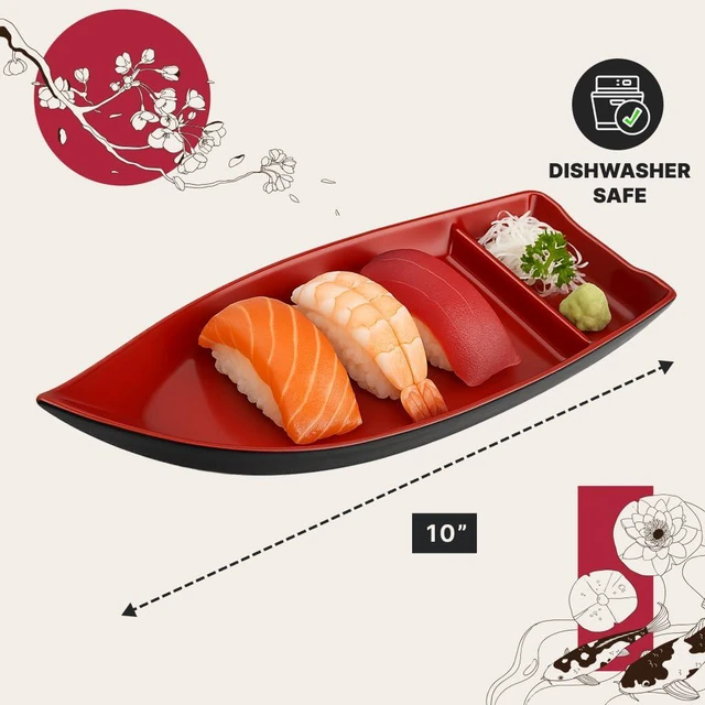 Alt view image 2 of 7 - 10 inch Sushi Boat Japanese Sashimi Sushi Serving Plate with Sauce Divider, Melamine Chip and Dip Plate for Snack, Appetizer, Red/Black, 1-Pack