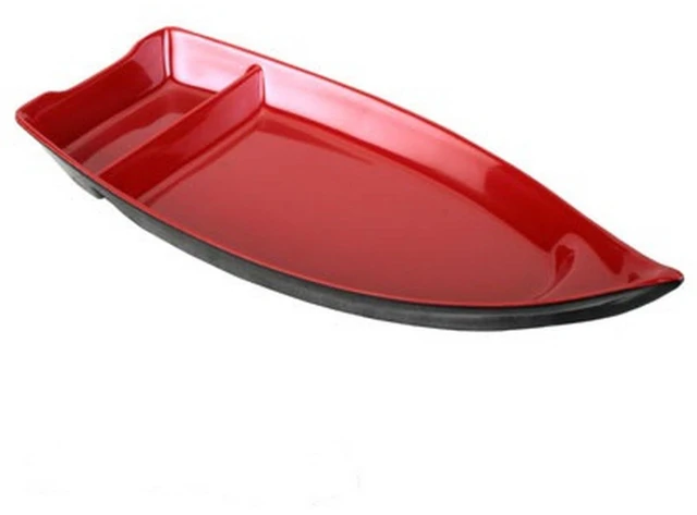 Alt view image 6 of 7 - 10 inch Sushi Boat Japanese Sashimi Sushi Serving Plate with Sauce Divider, Melamine Chip and Dip Plate for Snack, Appetizer, Red/Black, 1-Pack