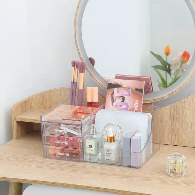 Alt view image 5 of 6 - 1 Pack Clear Make Up Organizer Countertop,Stackable 3 Drawers Makeup Storage,Cute Vanity Organizers for Dresser Hair Clip,Jewelry,Beauty Product Desk and Bathroom Organizers and Storage