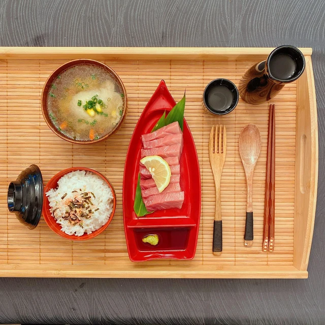 Alt view image 5 of 7 - 10 inch Sushi Boat Japanese Sashimi Sushi Serving Plate with Sauce Divider, Melamine Chip and Dip Plate for Snack, Appetizer, Red/Black, 1-Pack