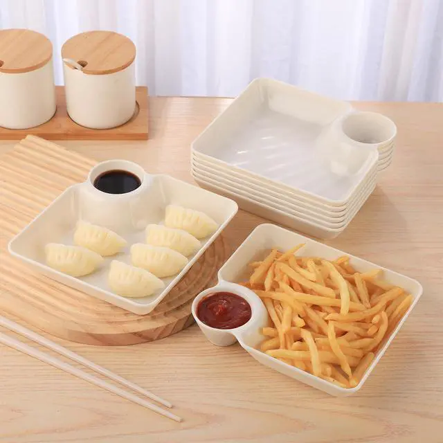 Alt view image 5 of 7 - 8 pcs Chips and Salsa Serving Dish, White Reusable Chip and Dip Bowl Serving Dishes for Entertaining Plastic Dip Tray Plate with Dipping Sauce Compartment