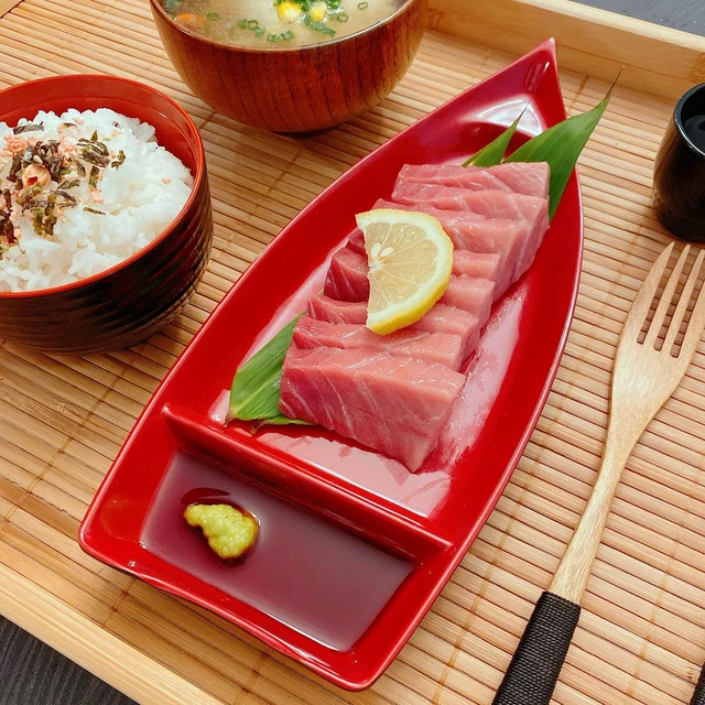 Alt view image 3 of 7 - 10 inch Sushi Boat Japanese Sashimi Sushi Serving Plate with Sauce Divider, Melamine Chip and Dip Plate for Snack, Appetizer, Red/Black, 1-Pack