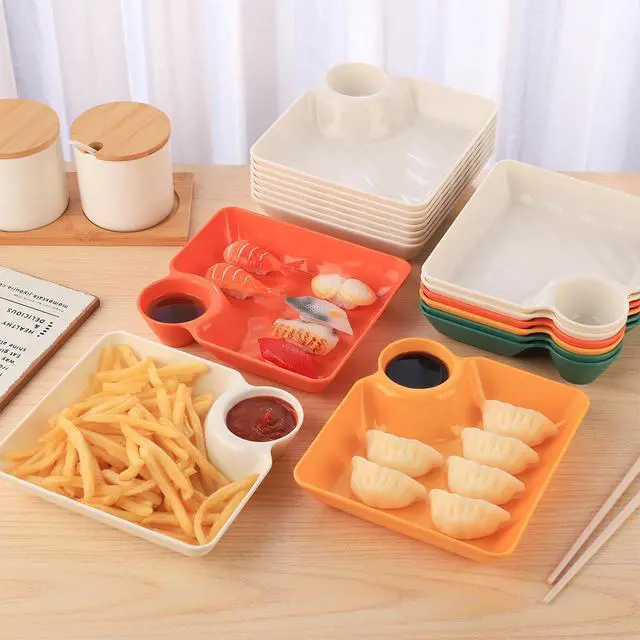 Alt view image 6 of 7 - 8 pcs Chips and Salsa Serving Dish, White Reusable Chip and Dip Bowl Serving Dishes for Entertaining Plastic Dip Tray Plate with Dipping Sauce Compartment
