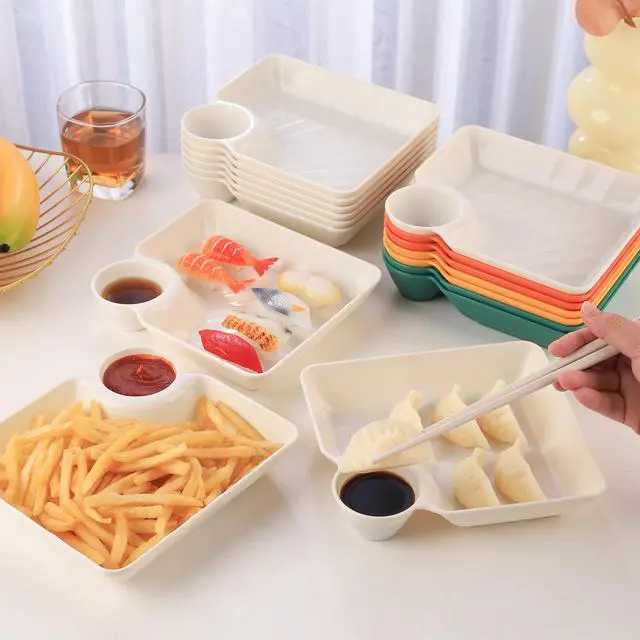 Alt view image 7 of 7 - 8 pcs Chips and Salsa Serving Dish, White Reusable Chip and Dip Bowl Serving Dishes for Entertaining Plastic Dip Tray Plate with Dipping Sauce Compartment