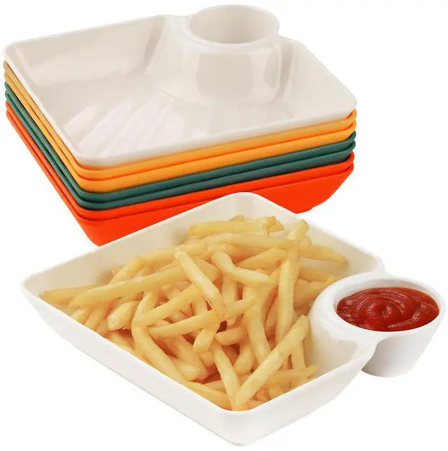 Main image of 8 pcs Chips and Salsa Serving Dish, Colorful Reusable Chip and Dip Bowl Serving Dishes for Entertaining Plastic Dip Tray Plate with Dipping Sauce Compartment