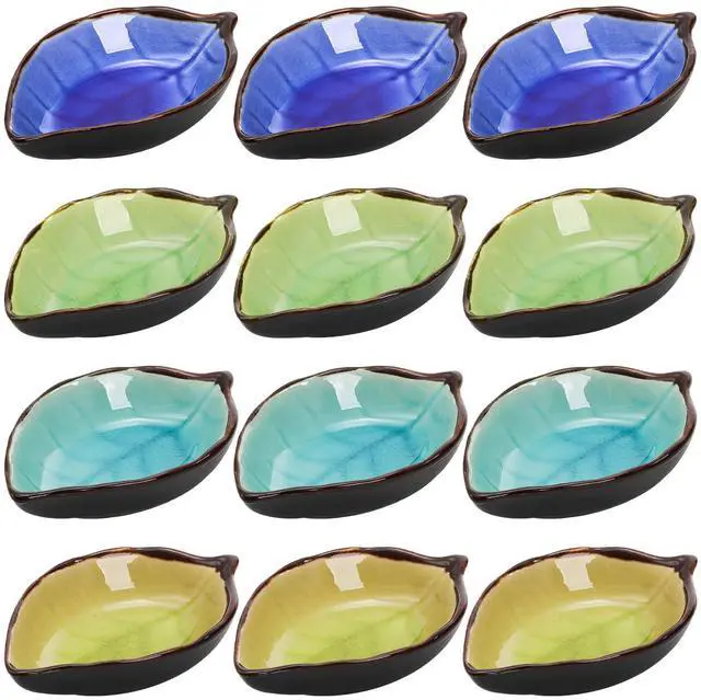 Main image of 12 Pack Ceramic Soy Sauce Dish, 4 Inch 2 Oz Leaf Shape Small Sauce Dish Salsa Dipping Bowls for Charcuterie Board, Taco, Party, Mini Pinch Bowl for Sushi Oil Vinegar Ketchup Paste Jam