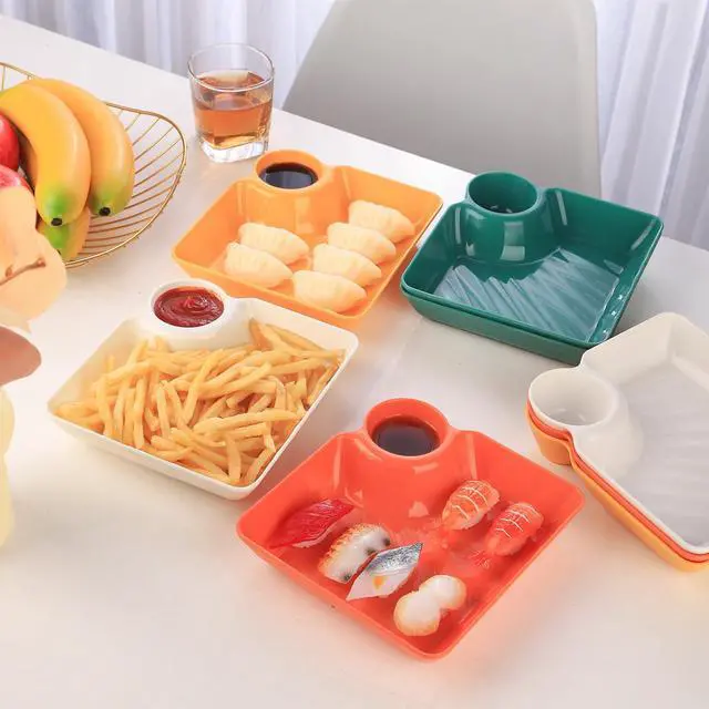 Alt view image 5 of 7 - 8 pcs Chips and Salsa Serving Dish, Colorful Reusable Chip and Dip Bowl Serving Dishes for Entertaining Plastic Dip Tray Plate with Dipping Sauce Compartment