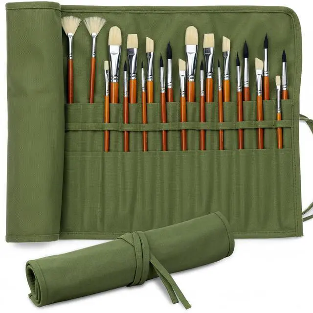 Main image of 30-Slot Roll-Up Canvas Brush Holder, Army Green