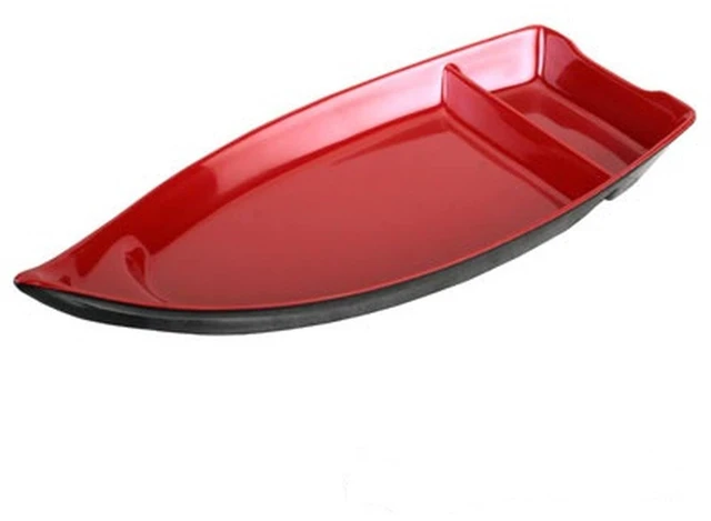Alt view image 7 of 7 - 10 inch Sushi Boat Japanese Sashimi Sushi Serving Plate with Sauce Divider, Melamine Chip and Dip Plate for Snack, Appetizer, Red/Black, 1-Pack