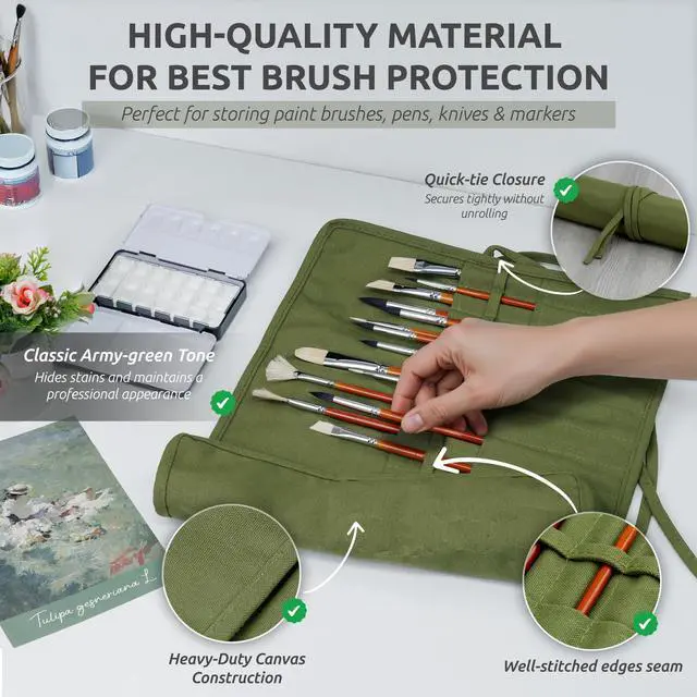 Alt view image 4 of 7 - 30-Slot Roll-Up Canvas Brush Holder, Army Green
