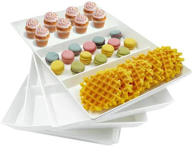 Main image of Divided Serving Tray Platter, 4 Pack 15" x 10" Fruit Veggie Food Tray for Party, Plastic Serving Trays for Appetizer, Snack, Dessert, Cookie, Brunch Decorations Platters, White Trays BPA-Free