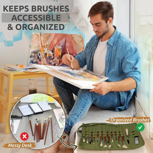 Alt view image 5 of 7 - 30-Slot Roll-Up Canvas Brush Holder, Army Green