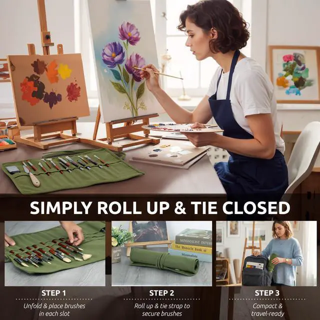 Alt view image 6 of 7 - 30-Slot Roll-Up Canvas Brush Holder, Army Green