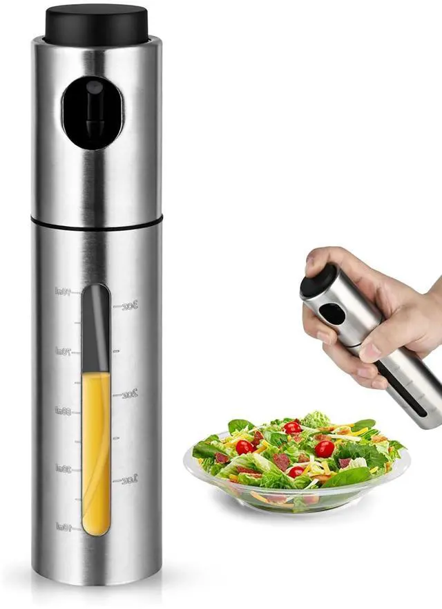 Main image of 100ml Stainless Steel Olive Oil Sprayer, Multi-Purpose for Cooking, Salads, BBQs, Air Fryers. One-Handed Use. Suitable for Oils, Vinegar, Soy Sauce. Features a Content Window.