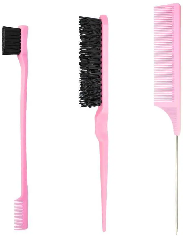 Main image of 3 Pcs Slick Styling Hair Brush Set, Rat Tail Comb,Edge Bristle Brush, Teasing Brushes for Edge Back Brushing, Combing, Slicking Hair for Girls, Kids(Pink