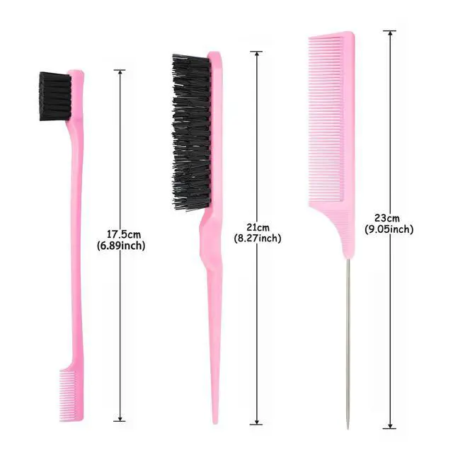 Alt view image 2 of 5 - 3 Pcs Slick Styling Hair Brush Set, Rat Tail Comb,Edge Bristle Brush, Teasing Brushes for Edge Back Brushing, Combing, Slicking Hair for Girls, Kids(Pink