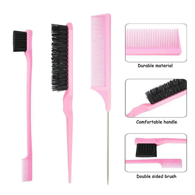 Alt view image 3 of 5 - 3 Pcs Slick Styling Hair Brush Set, Rat Tail Comb,Edge Bristle Brush, Teasing Brushes for Edge Back Brushing, Combing, Slicking Hair for Girls, Kids(Pink