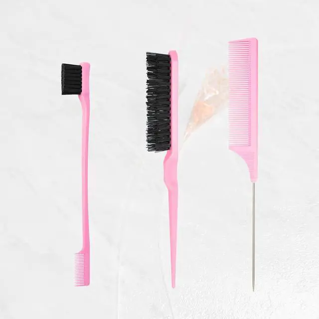 Alt view image 4 of 5 - 3 Pcs Slick Styling Hair Brush Set, Rat Tail Comb,Edge Bristle Brush, Teasing Brushes for Edge Back Brushing, Combing, Slicking Hair for Girls, Kids(Pink